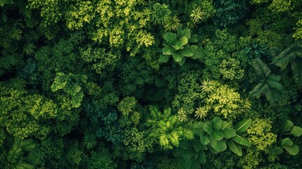 Naklejka premium Aerial view of lush green tropical forest, with vibrant foliage showcasing a variety of plant species in rich shades of green.