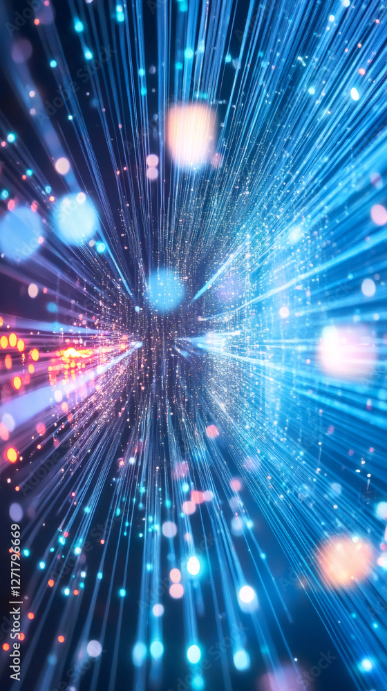 Poster fiber optic cables transmitting data create an abstract background with colorful bokeh and light tra