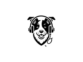 Cartoon dog head wearing headphones company logo, vector dog logo for themed business or product. Brand identity company logo design, dog head vector silhouette logo and t-shirt design illustration.