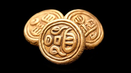 Fototapeta premium Three ancient coins are beautifully arranged against a black background, showcasing their intricate designs and golden sheen, Ideal for financial themes, history projects, or collectibles,