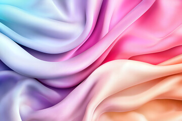 Obraz premium Soft, flowing fabric in pastel colors of pink, purple, and orange creates dreamy, iridescent background. gentle waves evoke sense of calm and elegance