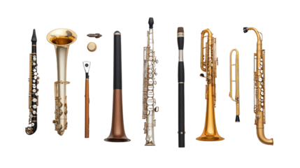 A row of musical instruments, including a trombone, trumpet, and saxophone
