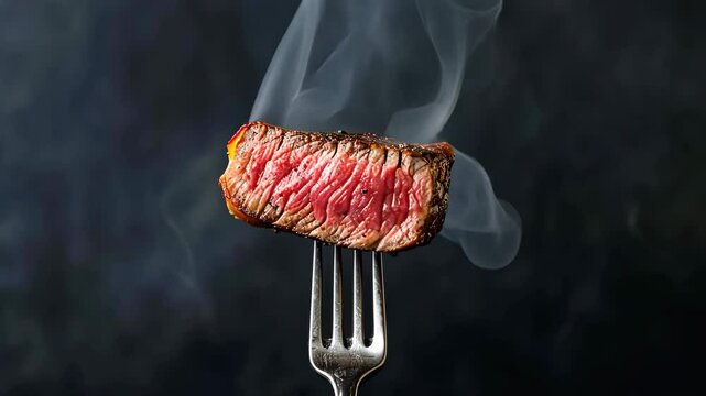 Perfect Medium Rare Top Sirloin Steak Slices. Grilled hot steamed with smoke beef steak with spices on a black background. Beef steak two pieces on a fork. Steak Bite. Concept of gourmet high end food