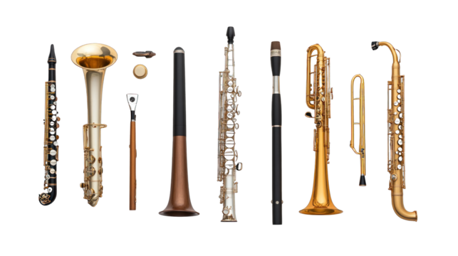 A row of musical instruments, including a trombone, trumpet, and saxophone