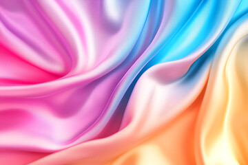Fototapeta premium Soft, flowing fabric in pastel colors of pink, blue, and orange creates dreamy, iridescent effect. silky texture adds elegance and warmth to any design