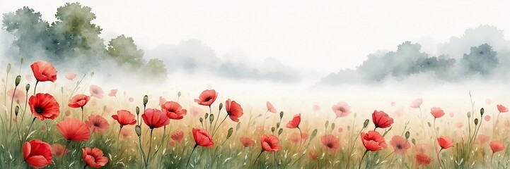 Red poppies in misty field under cloudy smokey sky for Remembrance Day, Poppy Day, Veterans Day, Anzac Day. Banner, poster, greeting card template background, copy space. Watercolor illustration