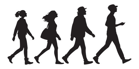 Walking people silhouette vector set featuring men and women in casual outfits, dynamic poses, and natural movements, perfect for urban lifestyle, crowd, and street design concepts