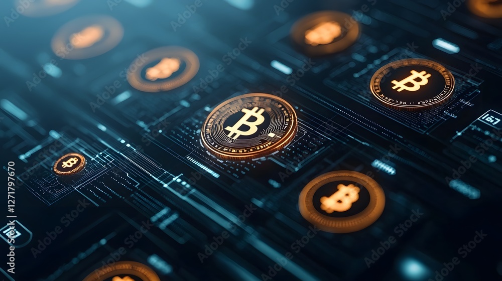 Poster holographic digital currency symbols such as bitcoin floating in a futuristic transparent interface 
