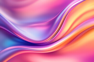 Fototapeta premium Vibrant, holographic, iridescent waves create abstract background with smooth gradients of pink, purple, and orange, evoking sense of fluidity and motion