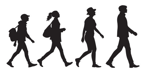 Silhouette vector of four people walking in different styles, perfect for concepts of movement, travel, city life, and human activity in urban environments