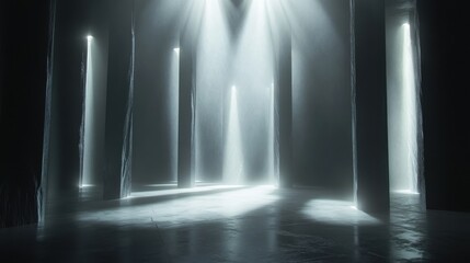 Fototapeta premium A mysterious, ethereal space featuring illuminated columns and soft beams of light piercing through the fog, creating a serene and haunting atmosphere.