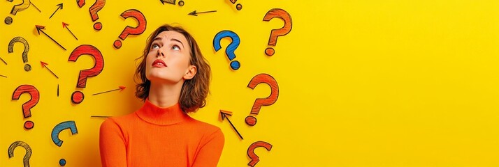 Pensive young woman looking up at colorful question marks and directional arrows on a vibrant yellow background, representing decision making, choices, and finding solutions
