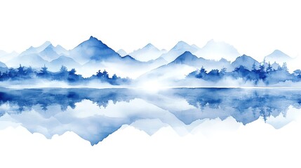 Serene watercolor landscape with mountains reflected in calm water, peaceful scenery, and soft blue tones.