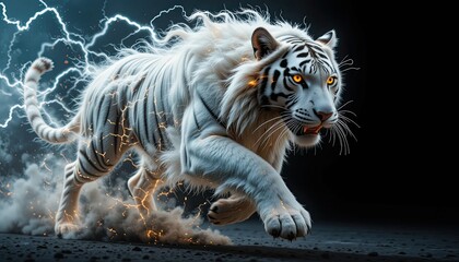 A ferocious white tiger with sharp teeth runs with energy and lightning against a dark background. 