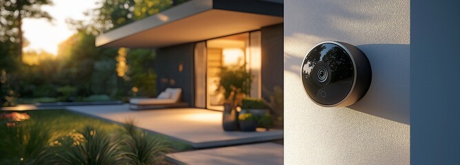 A security camera is installed on the outside of the house. In the background is a modern house. Property is protected by surveillance technology. Equipment for home safety on the building wall.