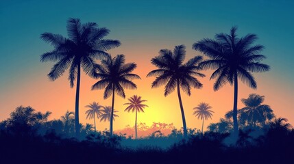 Serene silhouettes of palm trees against a vibrant sunset sky, creating a tranquil tropical atmosphere.
