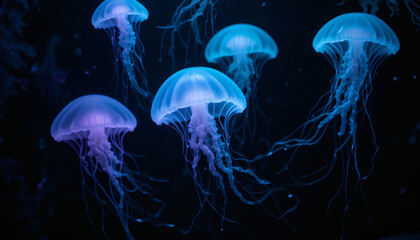 Obraz premium Translucent Jellyfish Glowing in Aqua and Lavender Swimming Gracefully Through a Dark Ocean with Light Trails