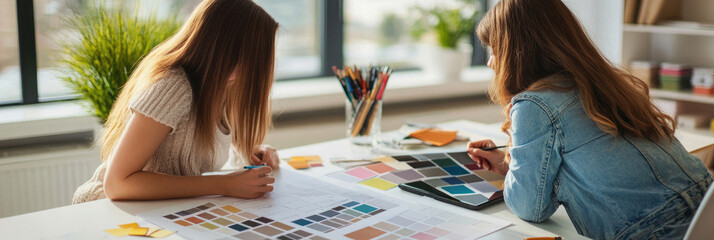 Designers collaborate on color selection and project planning in a modern workspace