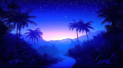 Obraz premium Serene night scene featuring palm trees and a winding river under a starry sky with a tranquil gradient.