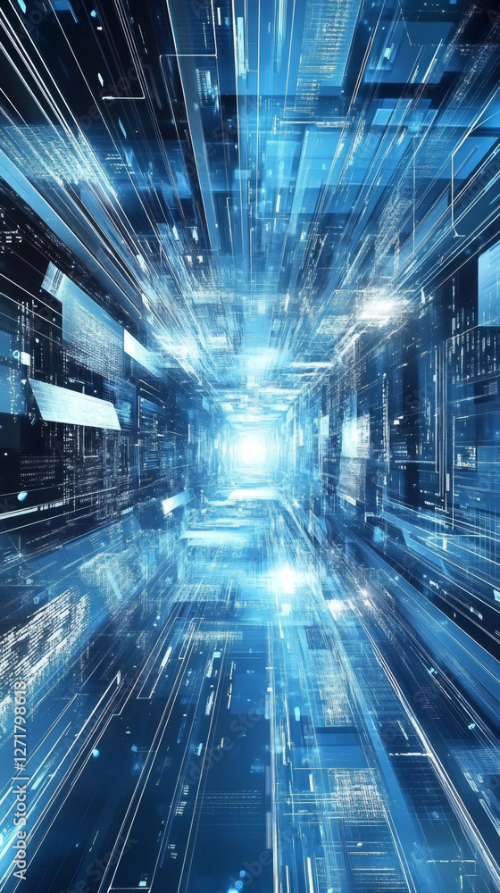 Aufkleber Futuristic cyberspace tunnel with digital data flow transferring inside with program code
