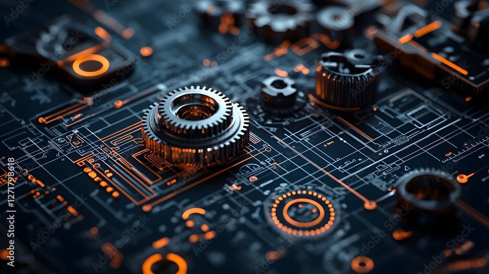 Poster holographic engineering blueprint with 3d rotating mechanical parts glowing lines precise schematics