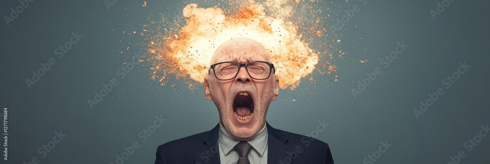 Poster senior businessman exploding head screaming of rage and frustration, he is stressed and overworked, 