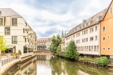 Cermany, Nuremberg - April 26, 2019: View from the Karl Bridge on the River Pegnitz.