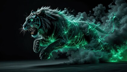 A ferocious black tiger with sharp teeth runs with energy and lightning against a backdrop of black smoke