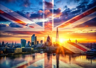 Double Exposure Union Jack Flag and London Skyline Stock Photo
