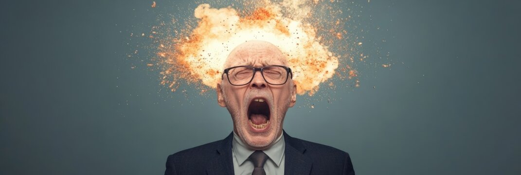 Senior businessman exploding head screaming of rage and frustration, he is stressed and overworked, he has a burnout and suffers from a strong migraine, he can't think clearly anymore