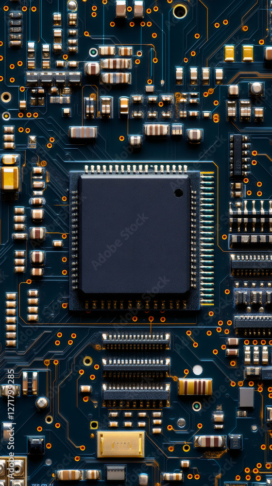 Poster close-up view of an electronic circuit board with microchip, resistors, and capacitors, showcasing t