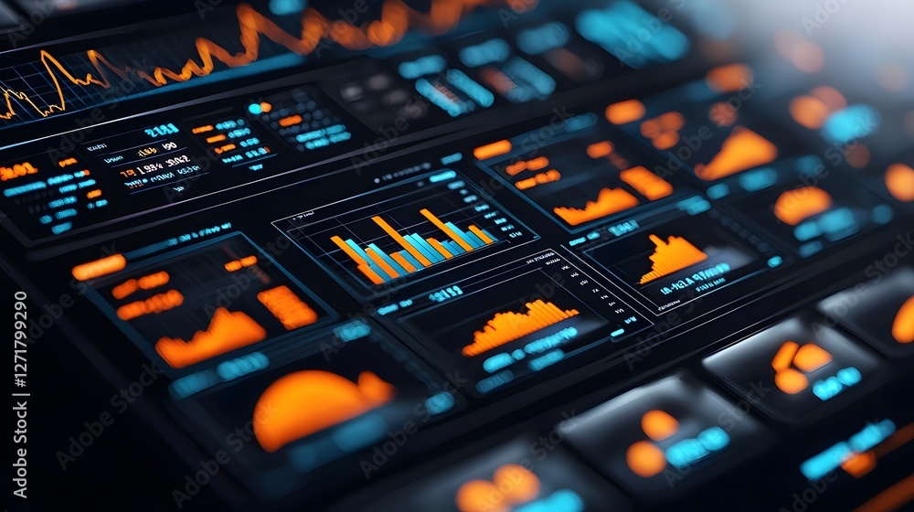 Poster holographic financial market analysis dashboard featuring floating interactive data sleek futuristic