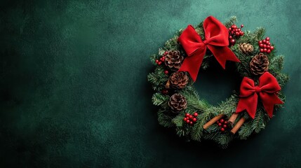 A festive Christmas wreath adorned with red bows, pine cones, and berries against a rich green backdrop, evoking a warm holiday spirit.