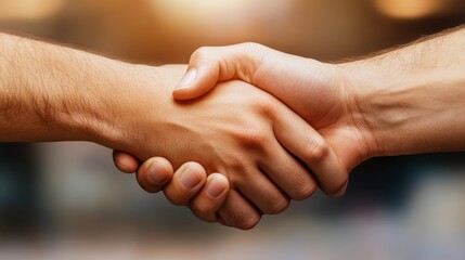 A close-up of two hands shaking against a blurred background symbolizes partnership and agreement, Ideal for business-related content, articles on collaboration, and marketing materials,
