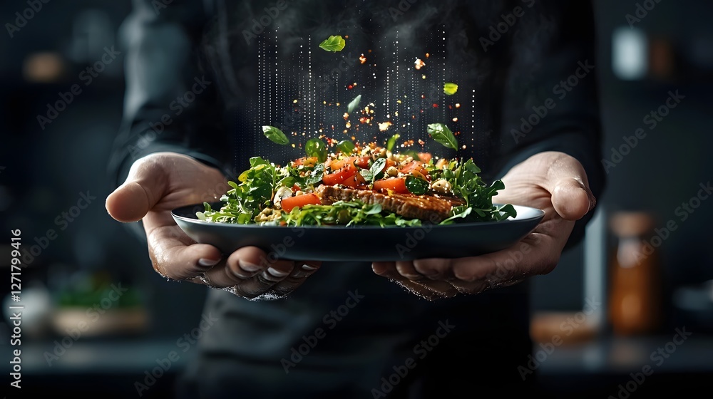 Poster holographic food ordering system with floating 3d meal projections showcasing futuristic restaurant 