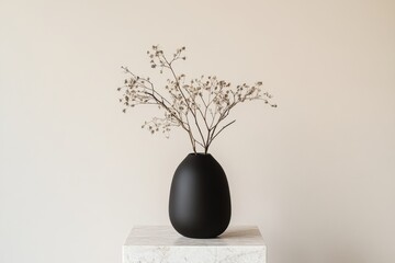 Minimalist black vase with dried flowers on marble pedestal