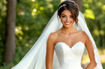 Woman in a white wedding dress is smiling and posing for a picture. She is wearing a veil and a tiara, and her dress is white with lace. Concept of happiness and celebration
