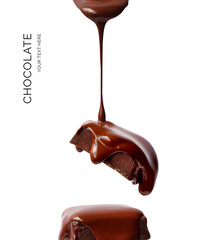 Creative layout made of bar of chocolate on the white background. Flat lay. Food concept.  Melted chocolate on the white.
