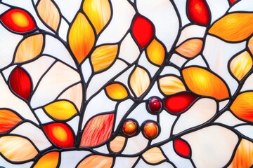 A vibrant stained glass design featuring an array of autumnal leaves in warm hues of red, orange, and yellow, ideal for home decor, art projects, or creative design concepts,