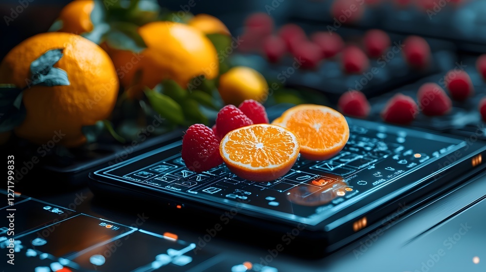 Poster holographic fruit analysis system with floating digital scans of fresh produce displaying precise nu
