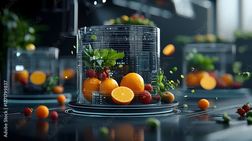 Poster holographic fruit analysis system with floating digital scans of fresh produce precise nutritional d