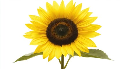 Fototapeta premium A vibrant sunflower with yellow petals and a dark center against a white background.