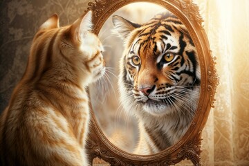 Ginger cat gazing into a mirror, reflecting the image of a tiger. The ornate decorative frame, transformation, ambition, inner strength, self-perception, contrast between reality and aspiration.