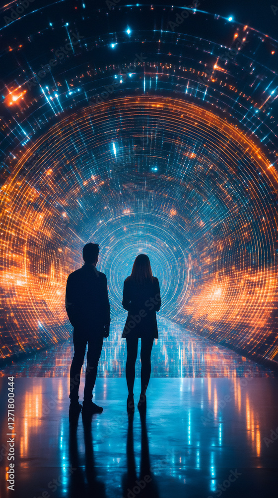 Poster Two businesspeople are looking at a glowing futuristic tunnel made of concentric rings of big data network connection