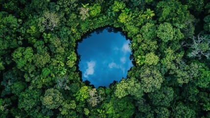 Aerial view of a serene circular pond surrounded by lush green rainforest, showcasing the beauty of nature's untouched wilderness.
