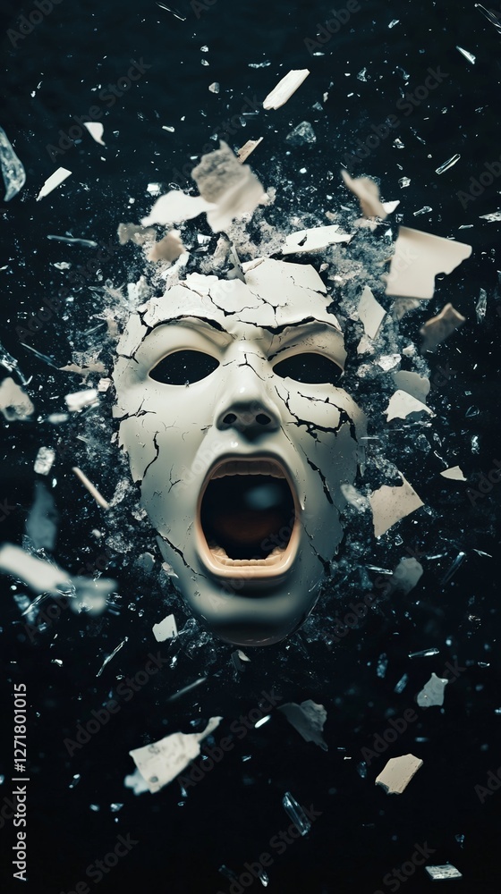 Poster cracked and exploding mask screaming surrounded by shards representing mental health issues such as 