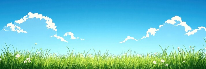 Obraz premium Lush green grass under a bright blue sky with fluffy white clouds.