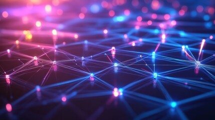 Obraz premium A vibrant abstract representation of interconnected networks, featuring glowing blue and pink nodes against a dark background, evoking a sense of modern technology.
