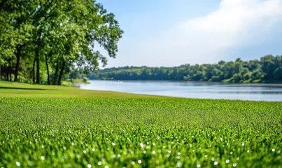 Selbstklebende Fototapeten Lush green grass by calm river, trees in background, summer day, nature scene, idyllic landscape © Azril