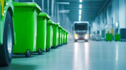 A clean and organized waste management facility featuring green trash bins lined up in a corridor, ideal for illustrating sustainability, recycling, or waste management services,